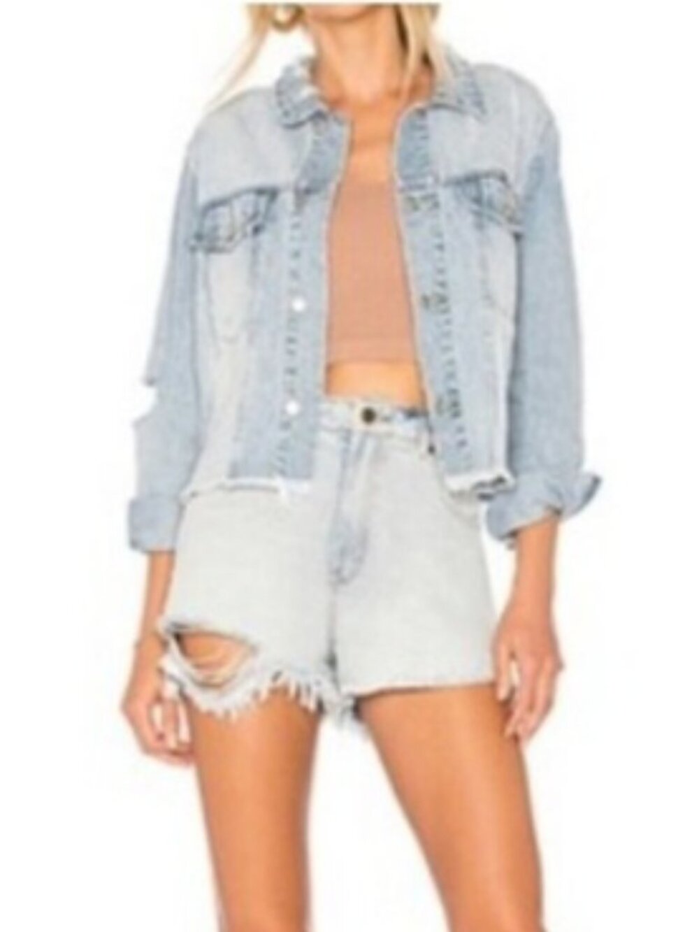 Rollas Cropped Slouch Denim jacket Distressed Elbow Hole Layla Bleach Jean Coat